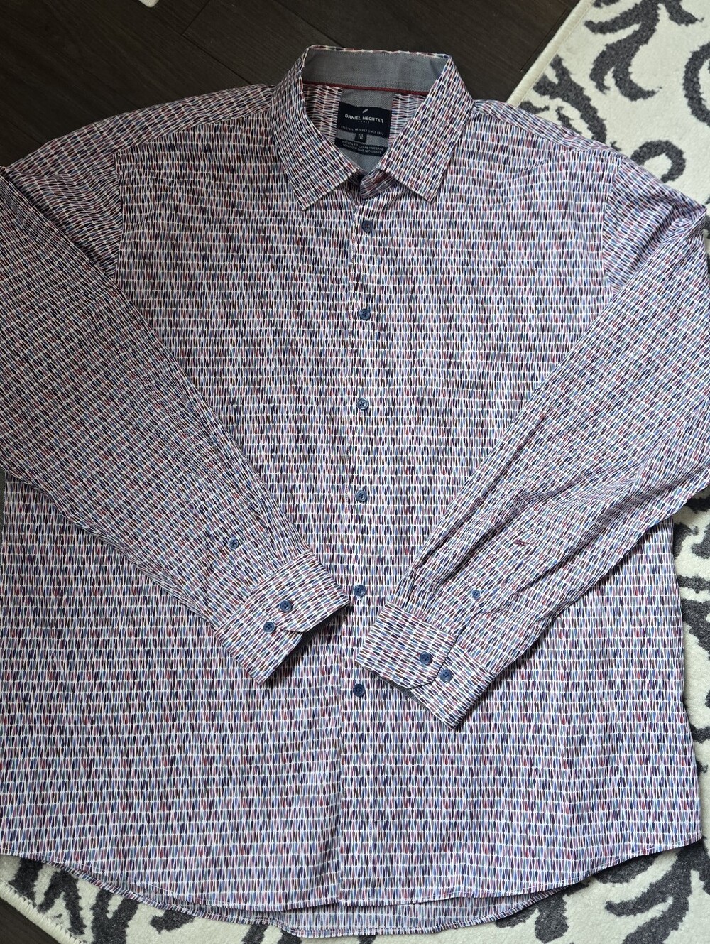 Daniel Hechter Men's Red, Blue and White Geometric Long-Sleeve Button-Up Shirt